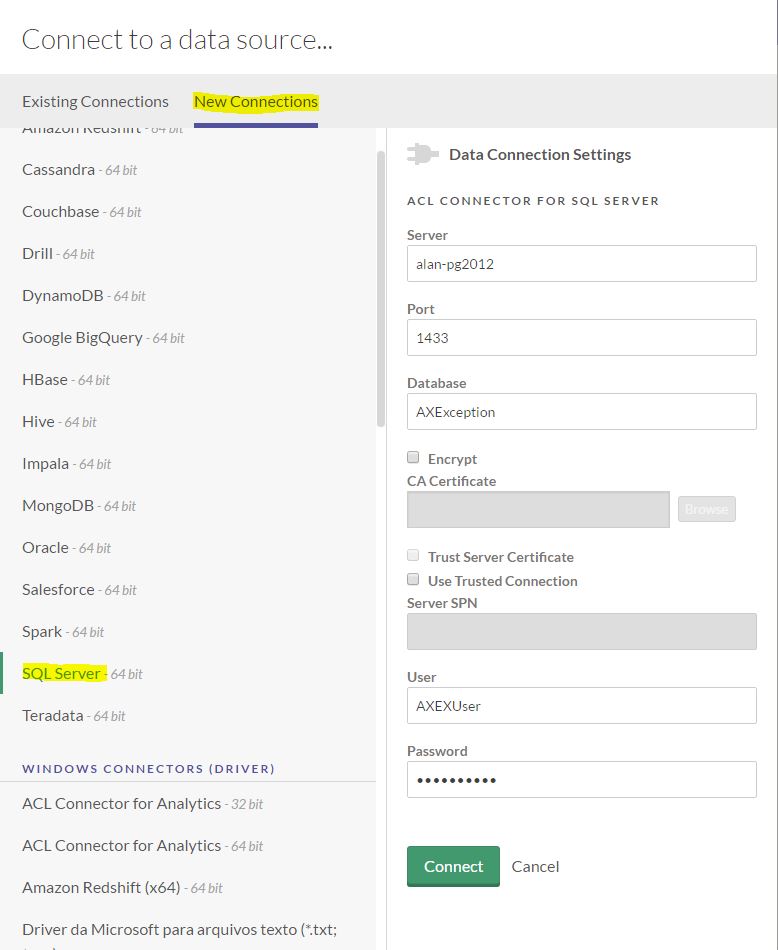 How to connect to SQL Server database through ACL Connector